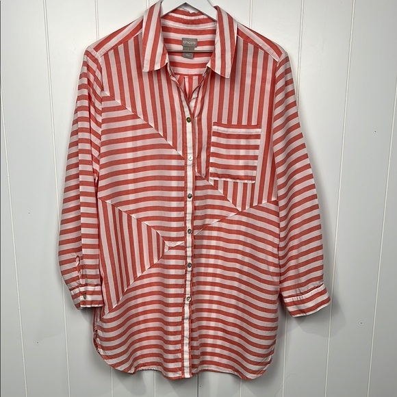 Chico’s Womens Tunic 3 Orange White Splice Stripes Button Up Button Cuff Pockets - Picture 1 of 14